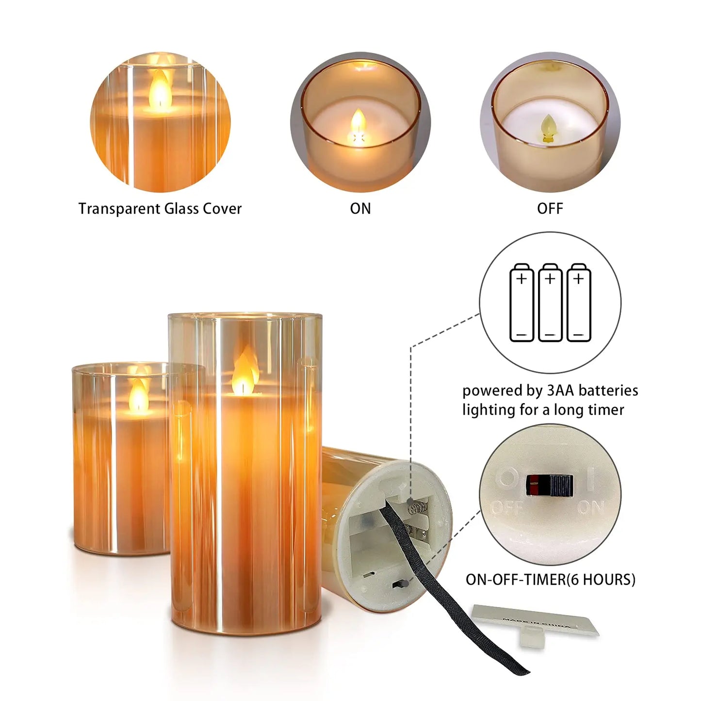 3Pcs Set 4/5/6 inches Led Flameless Electric Candles Lamp Real Wax Glass Battery Flickering Fake Tealight Candle for Wedding